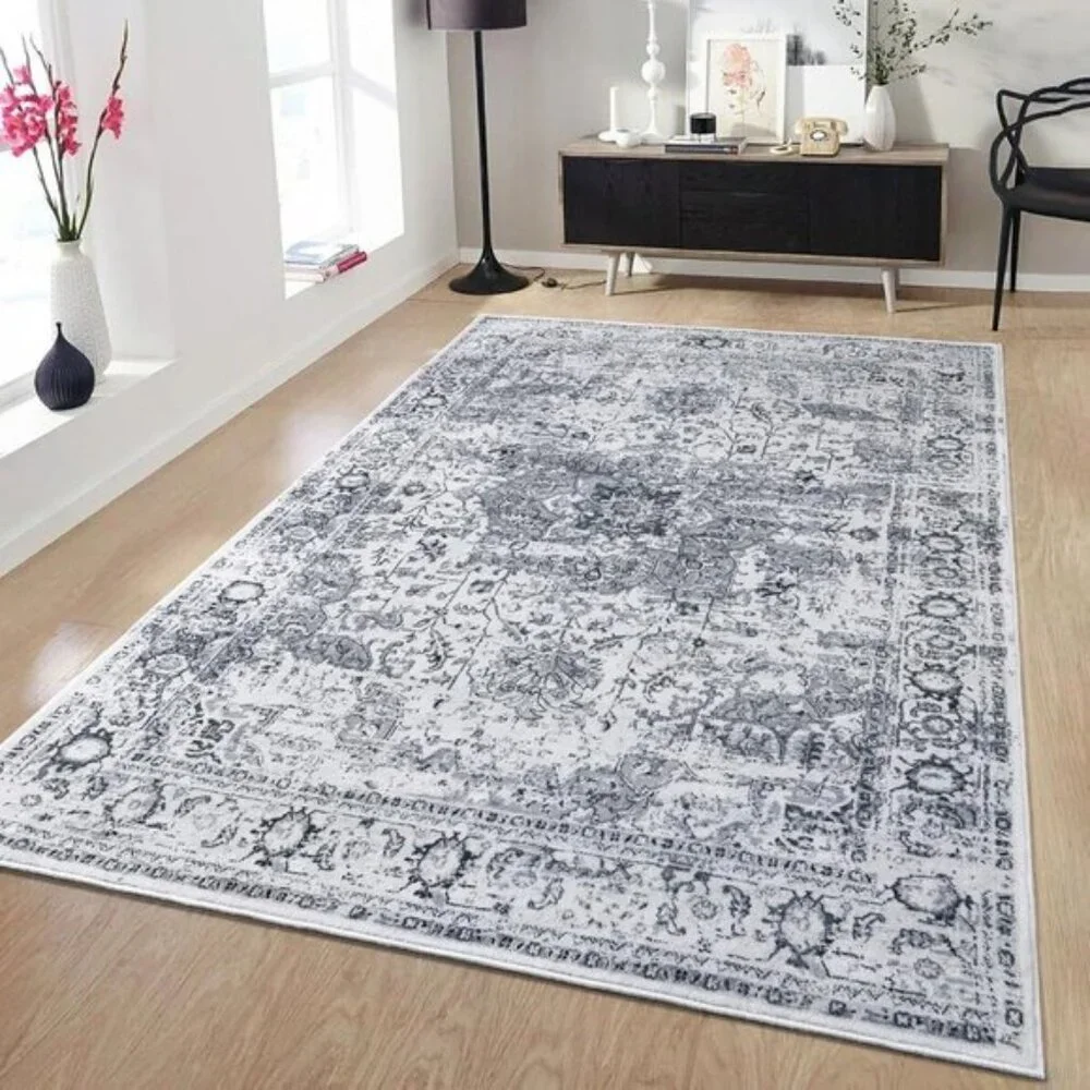 4x6 Grey Washable Area Rug, Soft Vintage Floral Low Pile Carpet for Room Decor